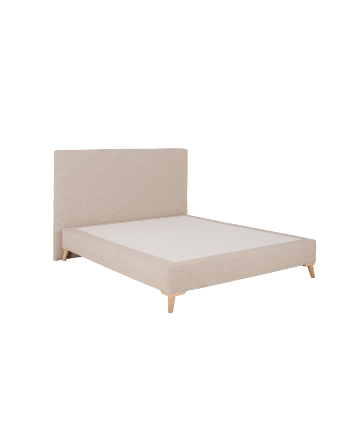 Upholstered beige linen bed frame for mattress of various sizes.