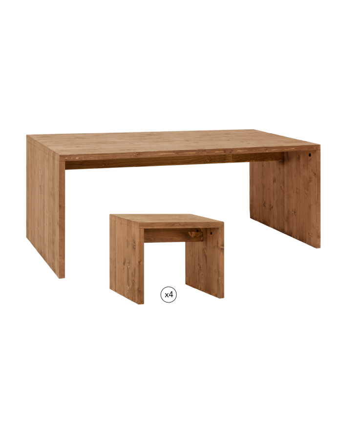 Pack dining table and 4 solid wood stools in dark oak tone, 120cm.