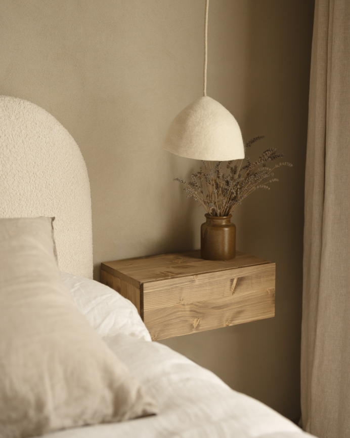 Set of two solid wood floating bedside tables in dark oak tone, 40cm.