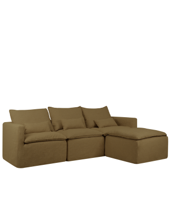 Modular 3-seater sofa with removable right-hand chaise longue in green cotton and linen blend, measuring 285x185cm.