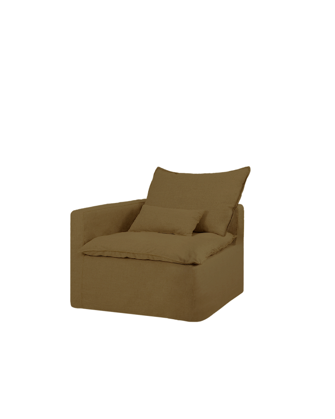 Cotton and linen module with removable left armrest in green shade measuring 97x96cm.