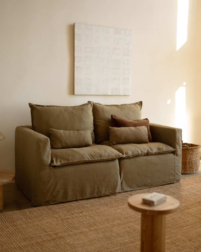 Removable straight modular cotton and linen sofa cover in green shade, measuring 196x96cm.