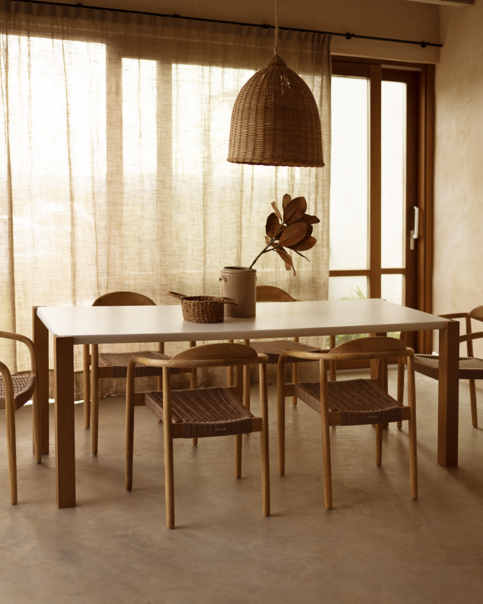 Rectangular dining table in a matte off-white tone and poplar wood legs in various sizes.