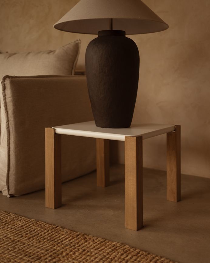 Square side table in off-white matte finish and poplar wood legs in various sizes