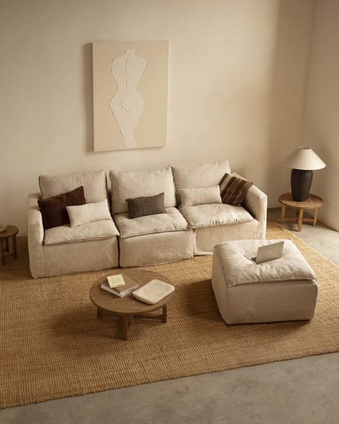 Modular straight sofa in beige cotton and linen, removable cover, 285x96cm.