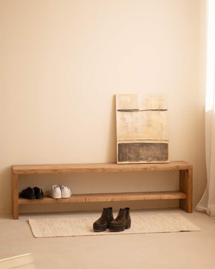 Solid wood shoe bench in dark oak tone of various sizes