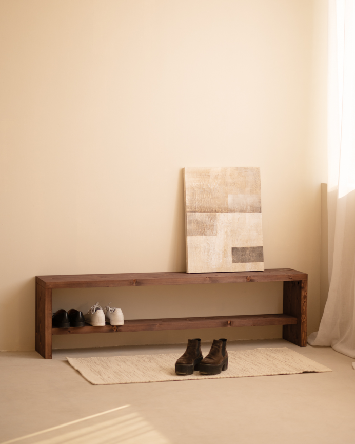 Solid wood walnut tone shoe bench in various sizes.