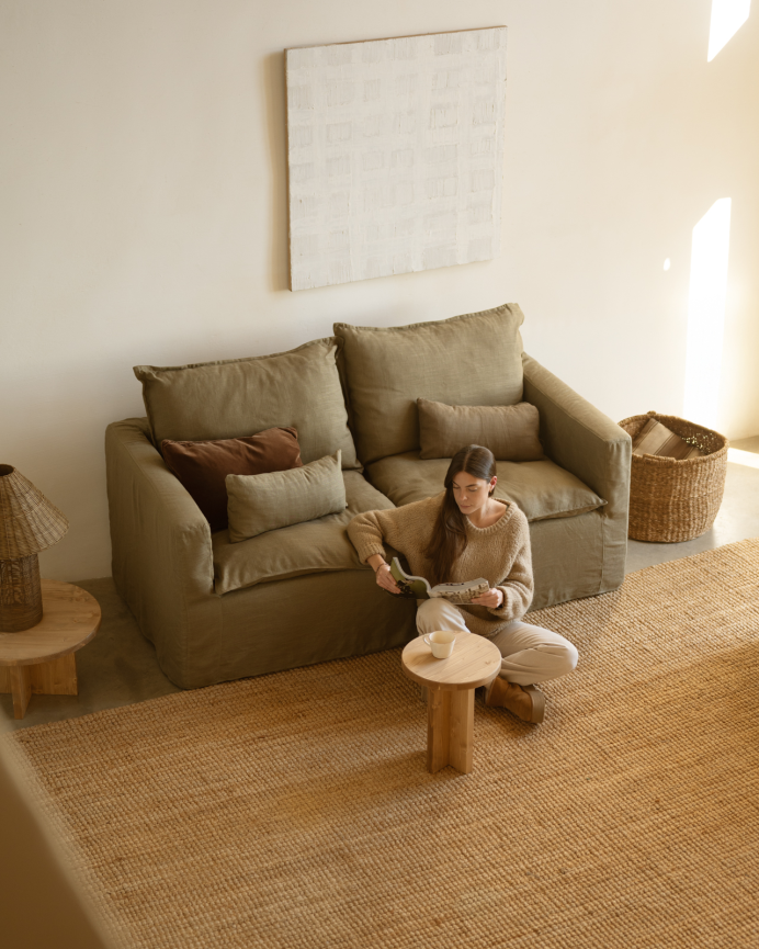 Removable straight modular cotton and linen sofa cover in green shade, measuring 196x96cm.