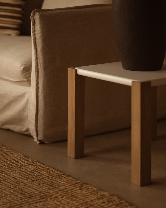 Square side table in off-white matte finish and poplar wood legs in various sizes