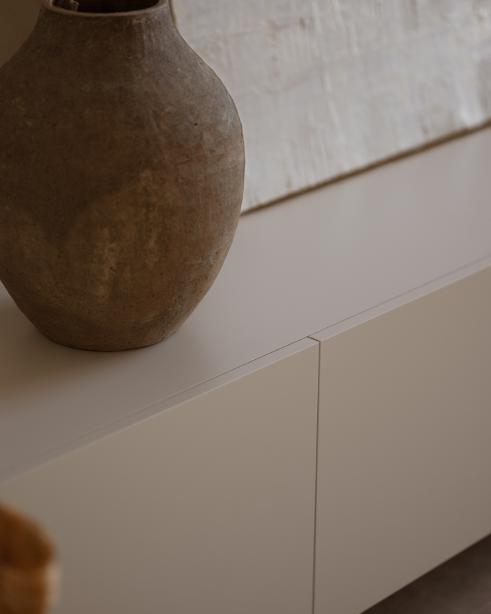 TV unit lacquered in sand tone in various sizes.