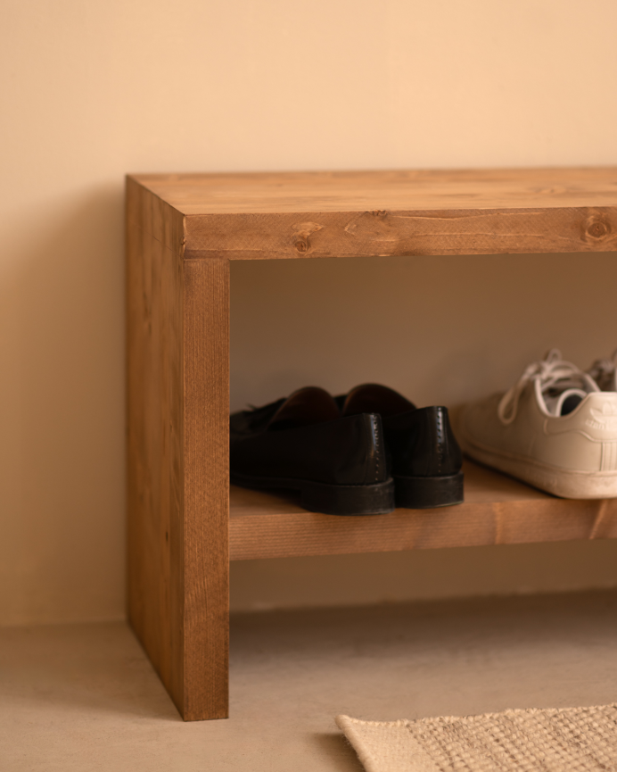 Solid wood shoe bench in dark oak tone of various sizes
