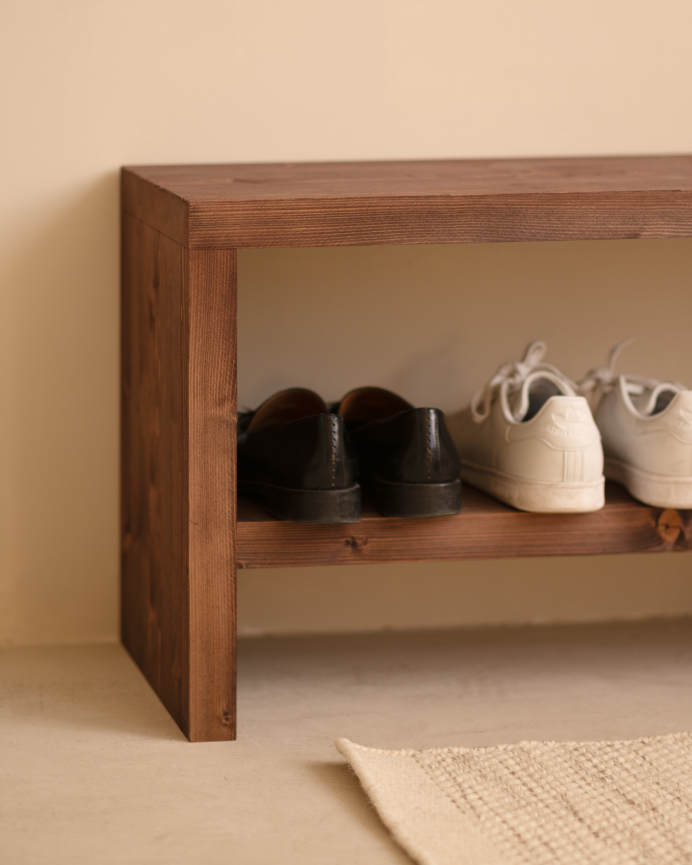 Solid wood walnut tone shoe bench in various sizes.