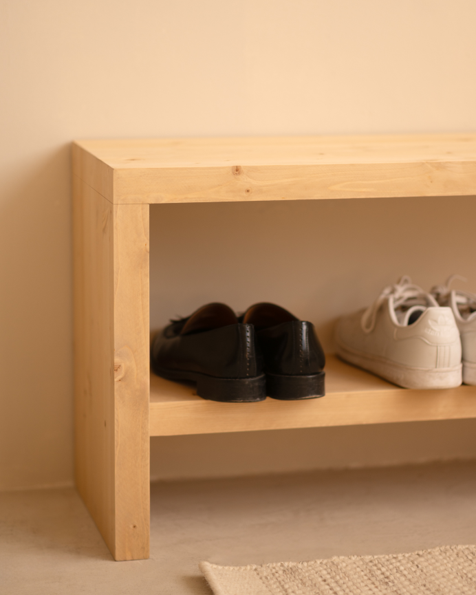 Wooden shoe bench in medium oak tone in various sizes