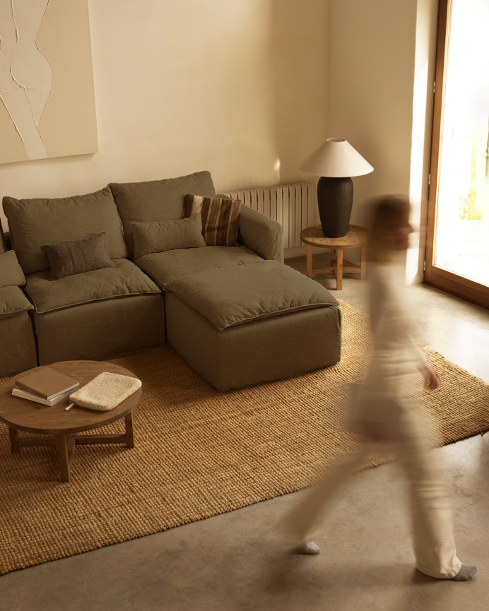Cotton and linen module cover without armrests, removable in green shade, 86x96cm.