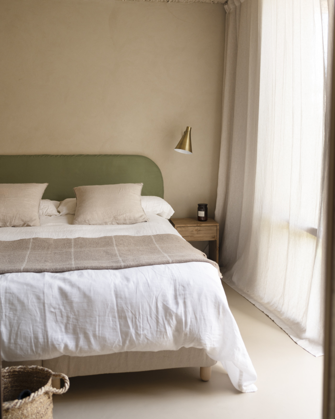 Upholstered green corduroy headboard with removable cover in various sizes.