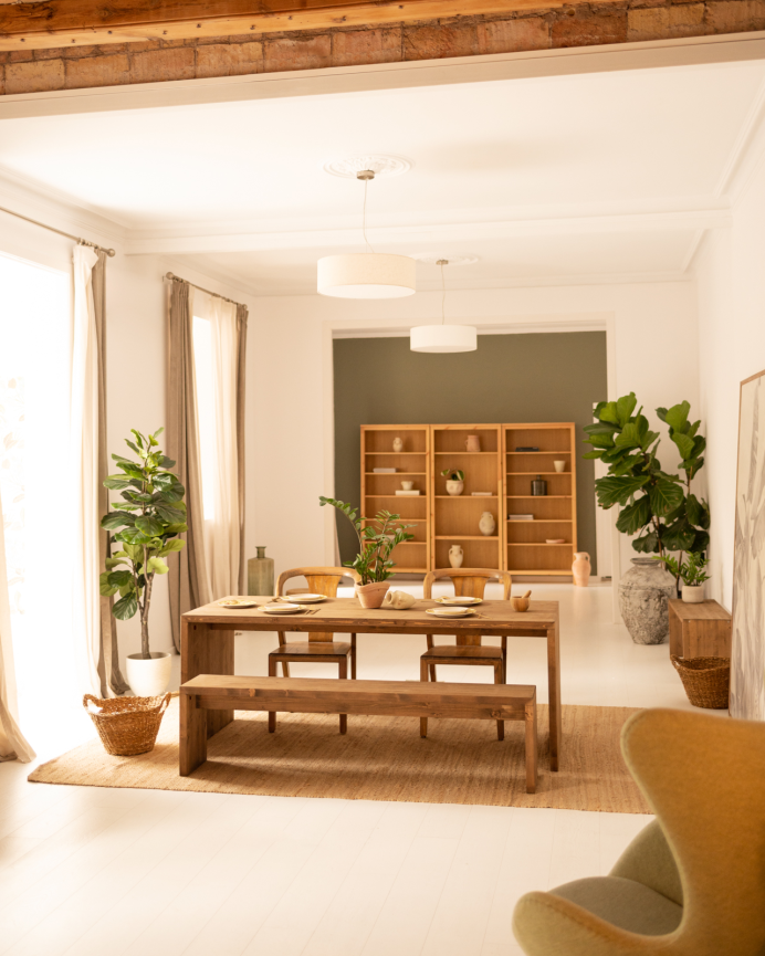 Pack dining table and solid wood bench in dark oak tone in various sizes.