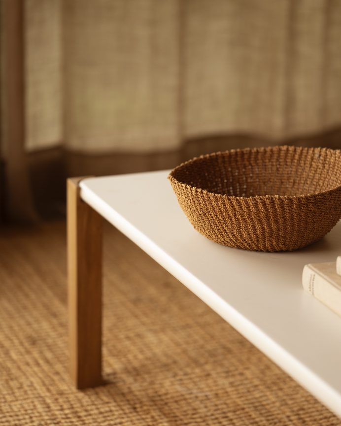 Rectangular coffee table in off-white matte finish and poplar wood legs available in various sizes.