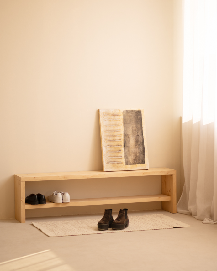 Wooden shoe bench in medium oak tone in various sizes