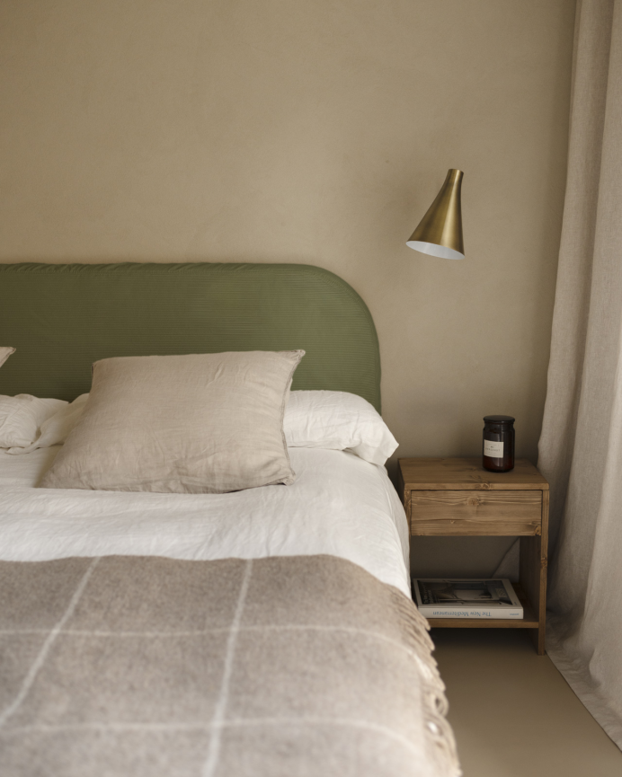 Upholstered green corduroy headboard with removable cover in various sizes.