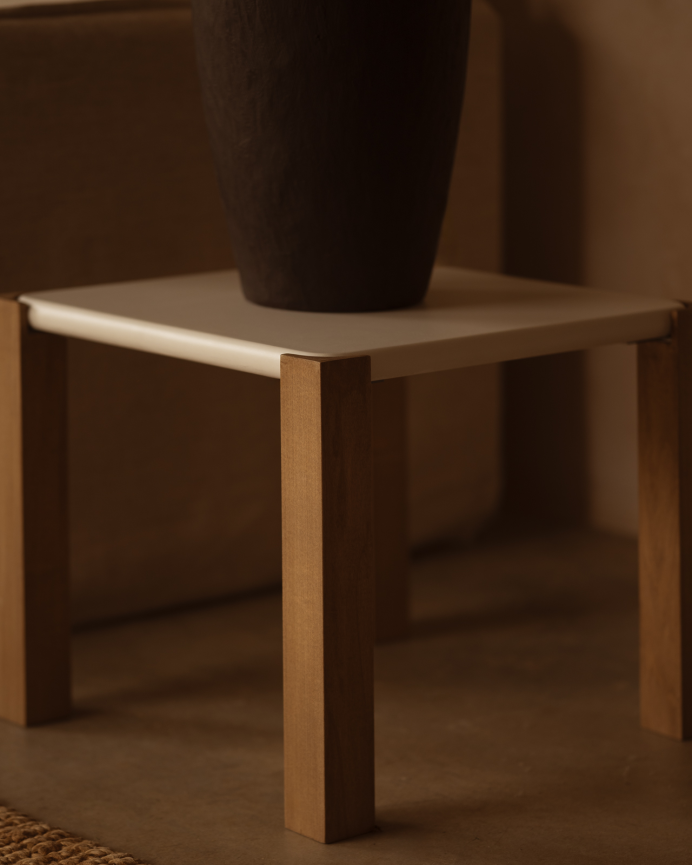 Square side table in off-white matte finish and poplar wood legs in various sizes