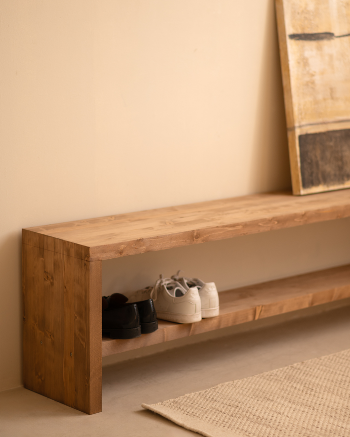 Solid wood shoe bench in dark oak tone of various sizes