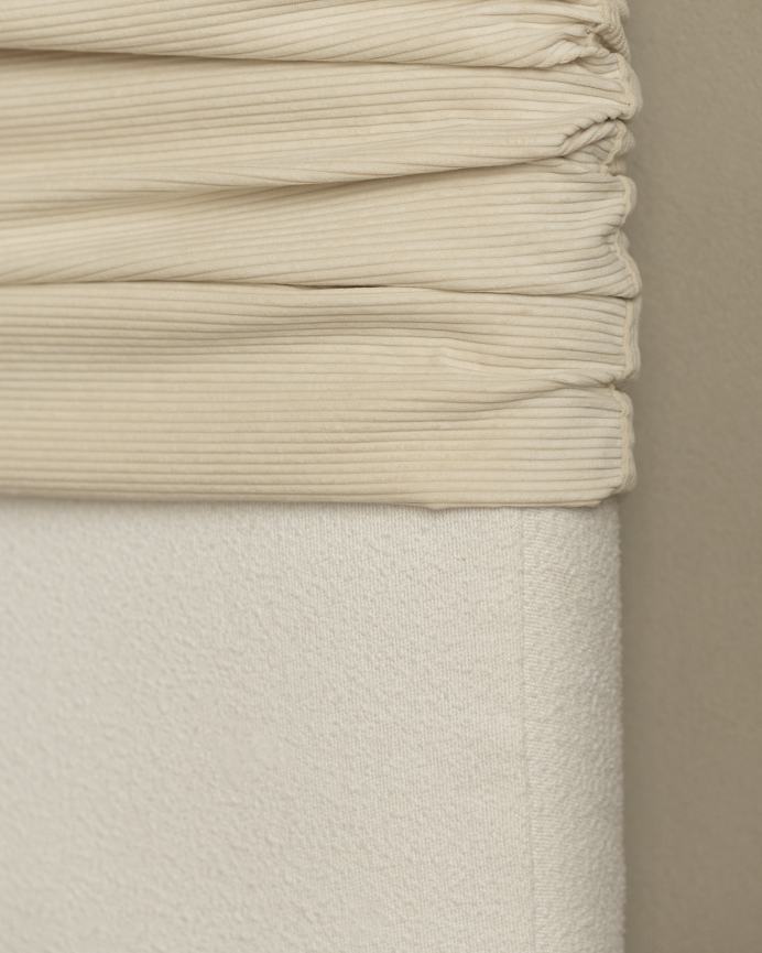 Upholstered headboard with removable beige corduroy cover in various sizes.
