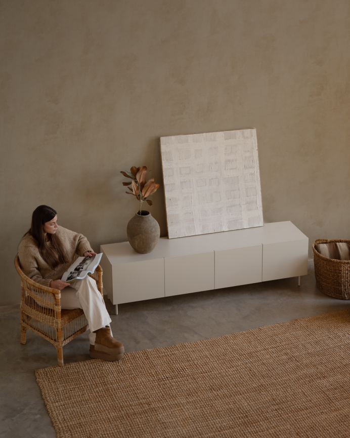 TV unit lacquered in sand tone in various sizes.