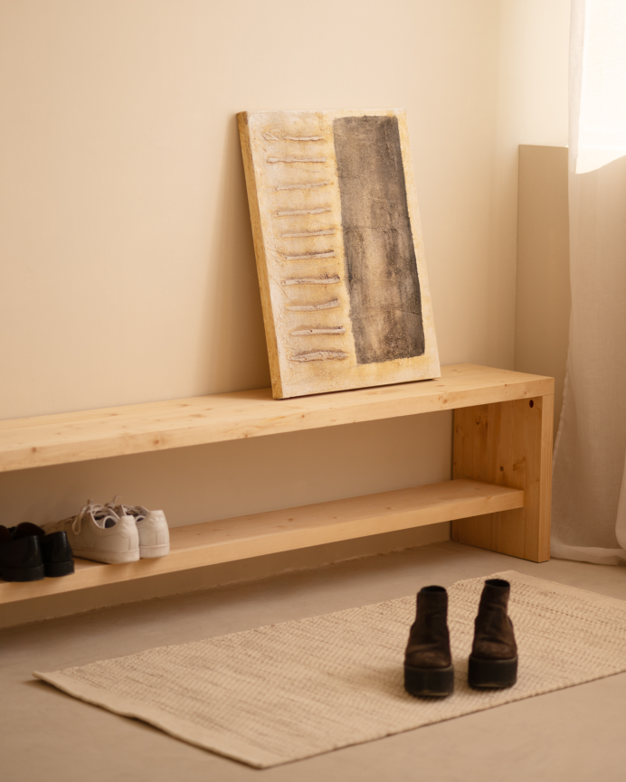 Wooden shoe bench in medium oak tone in various sizes