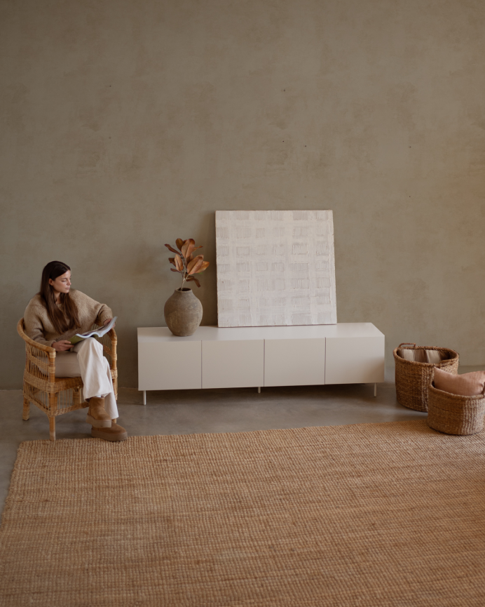 TV unit lacquered in sand tone in various sizes.