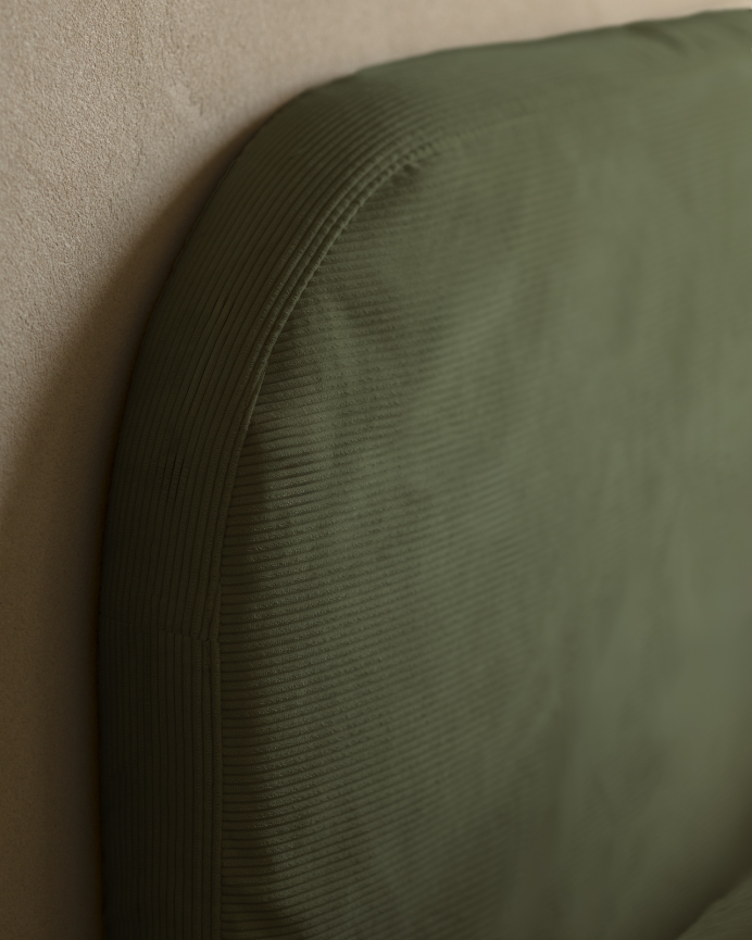 Upholstered green corduroy headboard with removable cover in various sizes.
