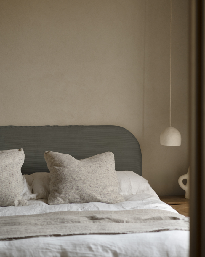 Upholstered dark gray velvet removable headboard available in various sizes