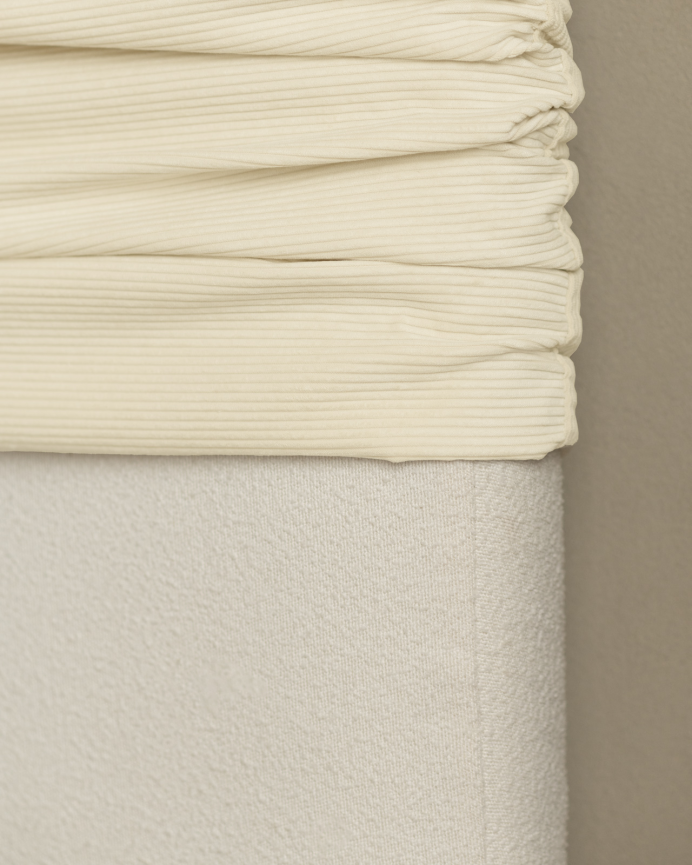 Upholstered headboard with removable off-white velvet cover, available in various sizes.
