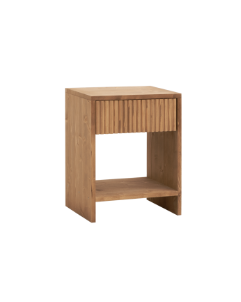 Solid wood bedside table with a medium oak-tone drawer in various sizes.