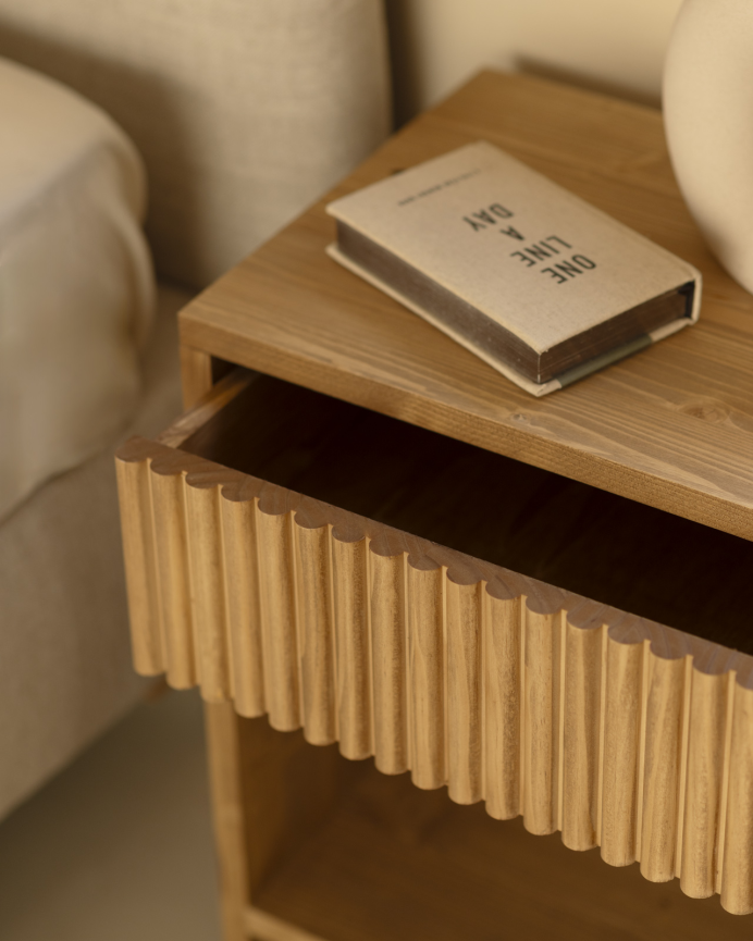 Solid wood bedside table with a medium oak-tone drawer in various sizes.