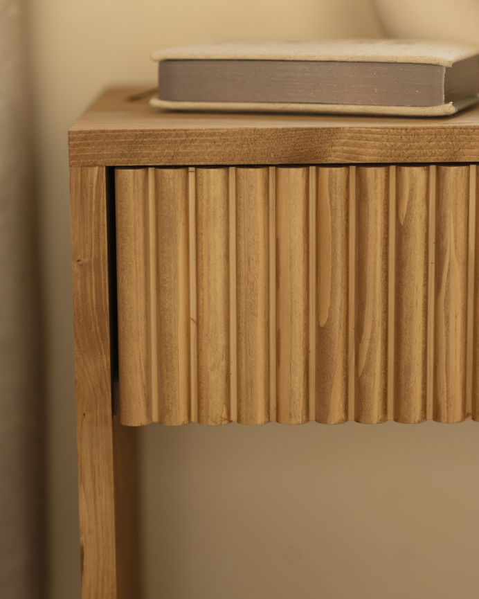 Solid wood bedside table with a medium oak-tone drawer in various sizes.