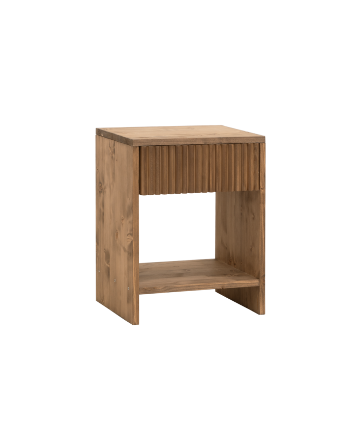 Solid wood nightstand with a single drawer in a dark oak finish, available in various sizes