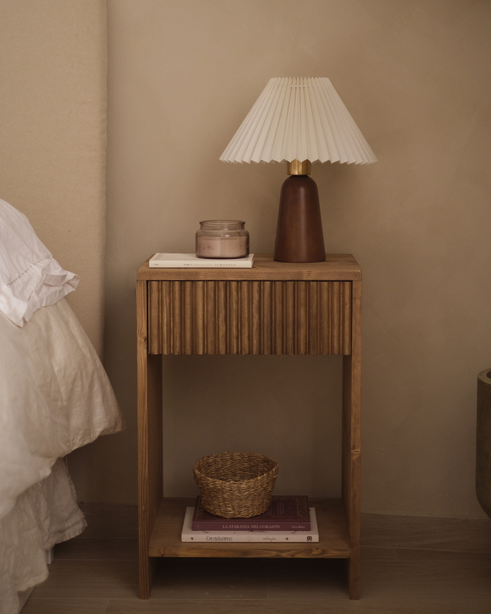 Solid wood nightstand with a single drawer in a dark oak finish, available in various sizes