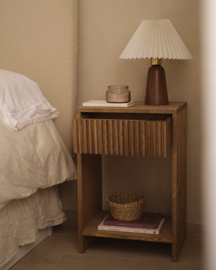 Solid wood nightstand with a single drawer in a dark oak finish, available in various sizes