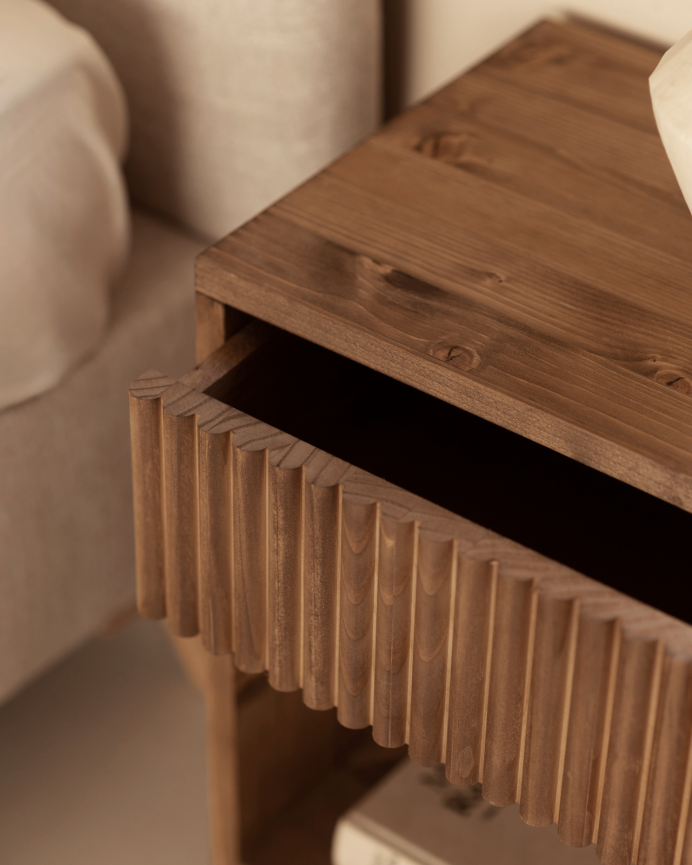 Solid wood nightstand with a single drawer in a dark oak finish, available in various sizes