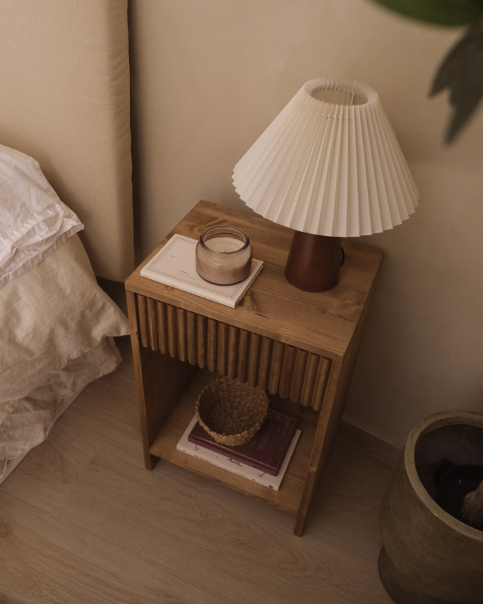 Solid wood nightstand with a single drawer in a dark oak finish, available in various sizes
