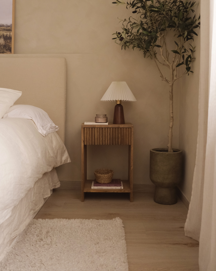 Solid wood nightstand with a single drawer in a dark oak finish, available in various sizes