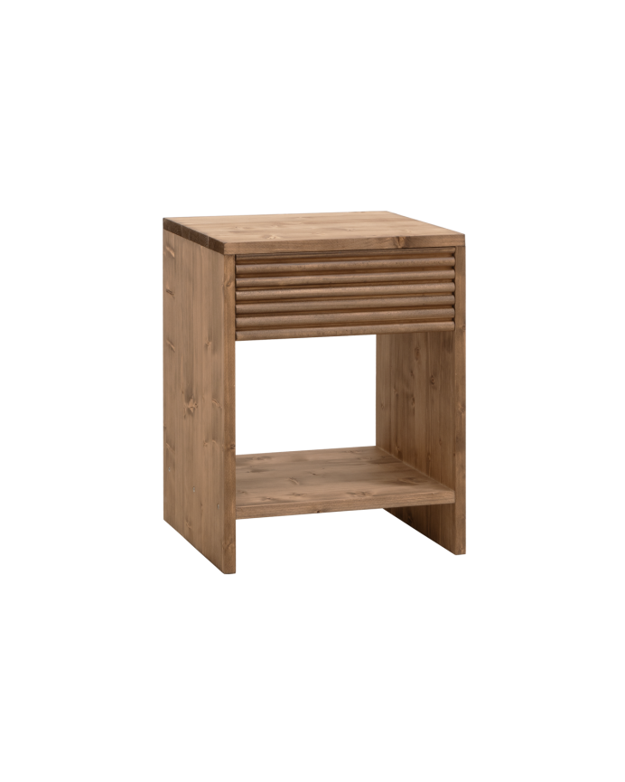 Solid wood bedside table with one drawer in a dark oak tone of various sizes.