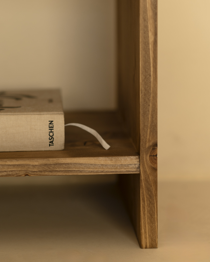 Solid wood bedside table with one drawer in a dark oak tone of various sizes.