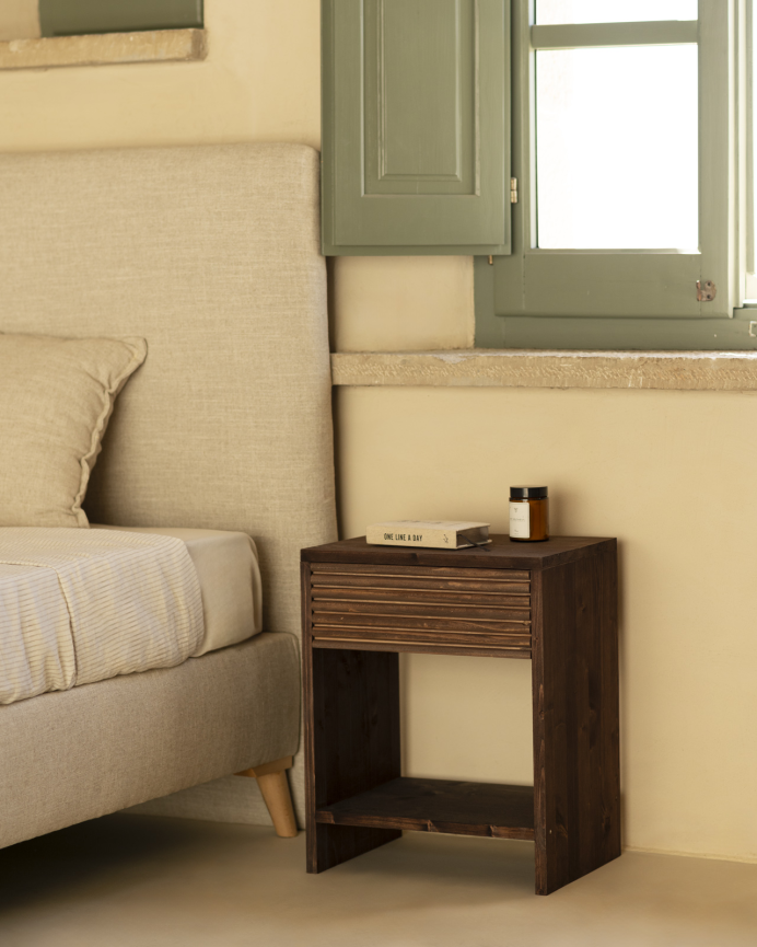 Solid wood bedside table with a walnut-toned drawer available in various sizes
