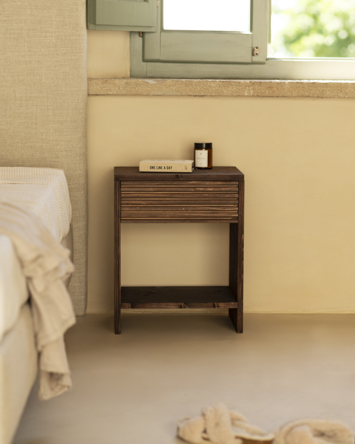 Solid wood bedside table with a walnut-toned drawer available in various sizes