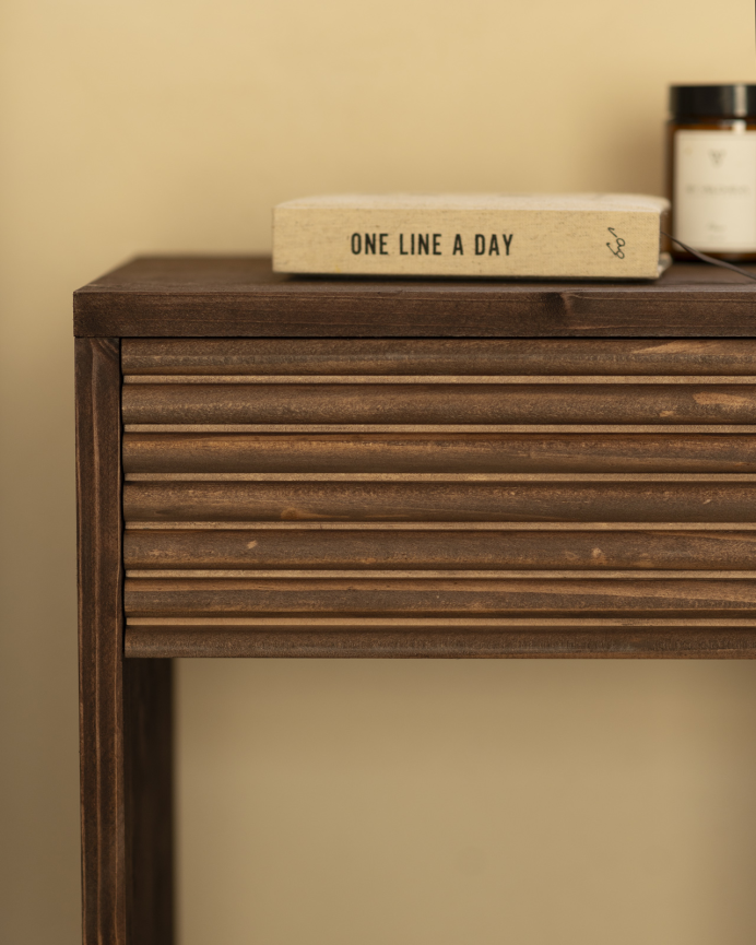 Solid wood bedside table with a walnut-toned drawer available in various sizes