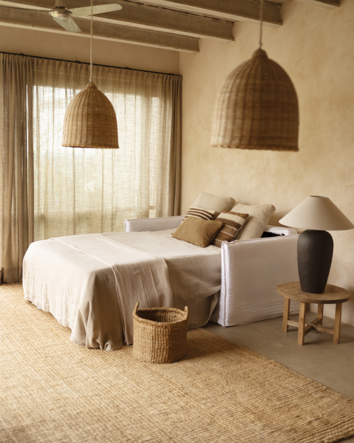 Sofa bed in white cotton and linen, removable cover, 185x95cm.