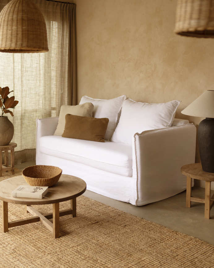 Sofa bed in white cotton and linen, removable cover, 185x95cm.