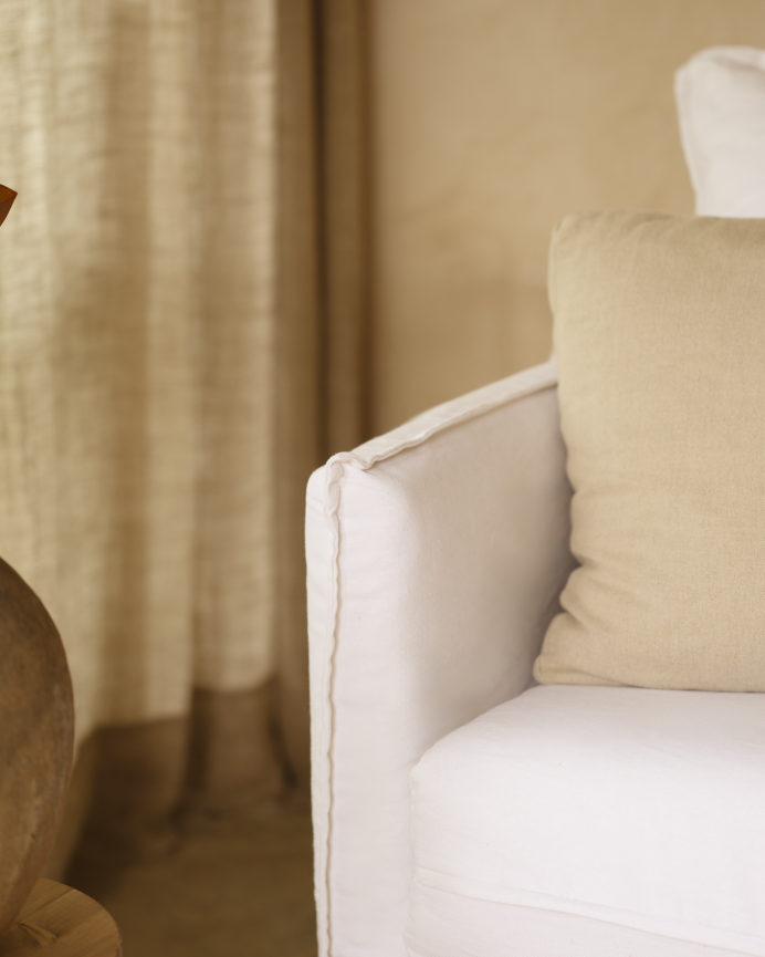 Sofa bed in white cotton and linen, removable cover, 185x95cm.