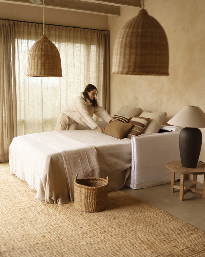 Sofa bed in white cotton and linen, removable cover, 185x95cm.